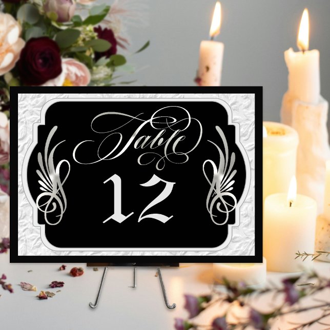 Elegant Calligraphy Faux Embossed - Black/Silver Table Number (Creator Uploaded)