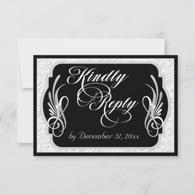 Elegant Calligraphy & Faux Embossed - Silver/Black RSVP Card (Front)