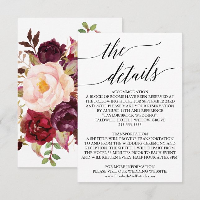 Elegant Calligraphy | Floral Back Details Card (Front/Back)