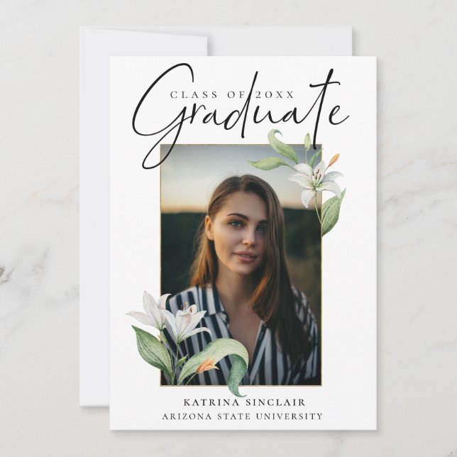 Elegant Calligraphy Floral Graduation Photo Announcement (Front)