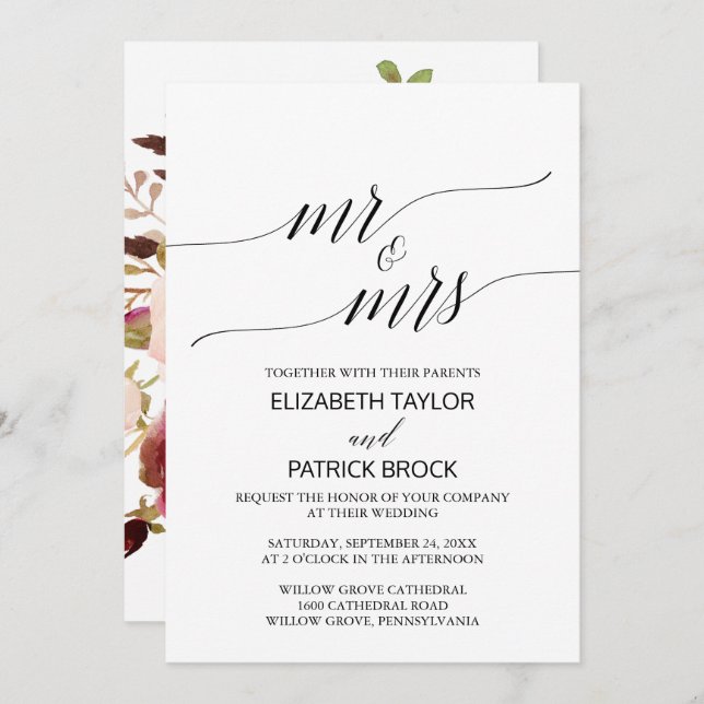 Elegant Calligraphy | Floral "Mr & Mrs" Wedding Invitation (Front/Back)