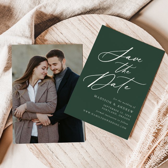 Elegant Calligraphy Forest Green Photo Wedding Save The Date (Creator Uploaded)