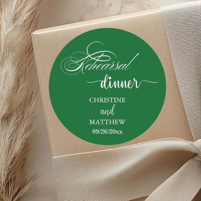 Elegant Calligraphy Forest Green Rehearsal Dinner Classic Round Sticker (Creator Uploaded)