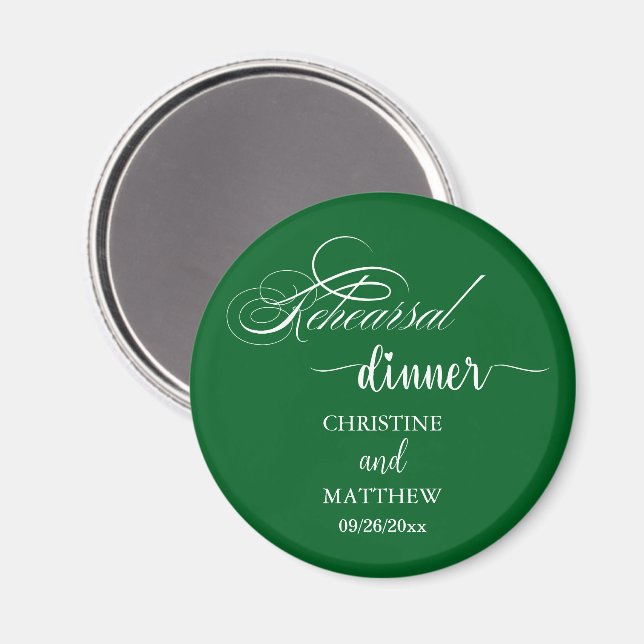 Elegant Calligraphy Forest Green Rehearsal Dinner Magnet (Front/Back)