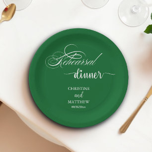 Elegant Calligraphy Forest Green Rehearsal Dinner  Paper Plate
