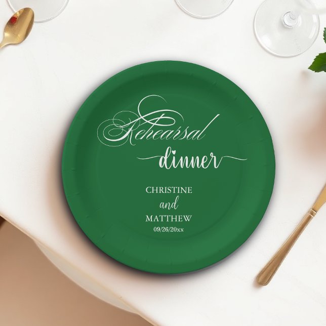 Elegant Calligraphy Forest Green Rehearsal Dinner  Paper Plate (Creator Uploaded)