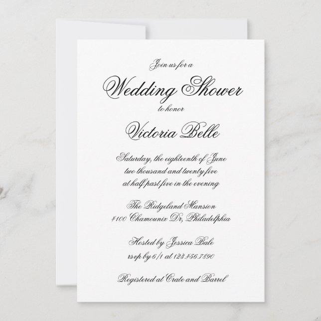 Elegant Calligraphy Formal Wedding Shower Invitation (Front)