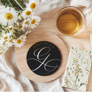 Elegant Calligraphy “G” Black Wedding Round Paper Coaster