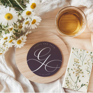 Elegant Calligraphy “G” Plum Wedding Round Paper Coaster