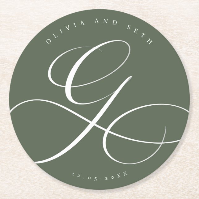 Elegant Calligraphy “G” Sage Wedding Round Paper Coaster (Front)