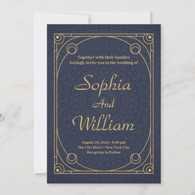 Elegant Calligraphy Gold and Navy Blue Wedding Invitation (Front)