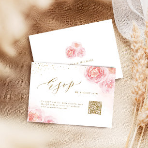 Elegant calligraphy gold & blush floral QR code RSVP Card
