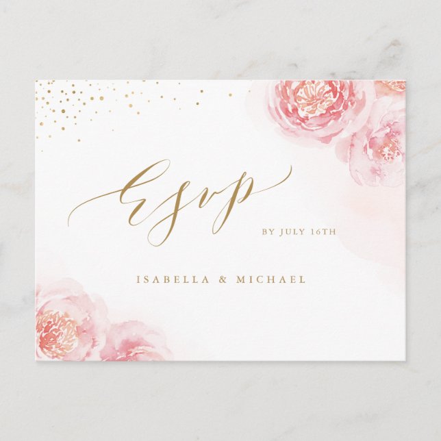 Elegant calligraphy gold & blush floral RSVP Invitation Postcard (Front)