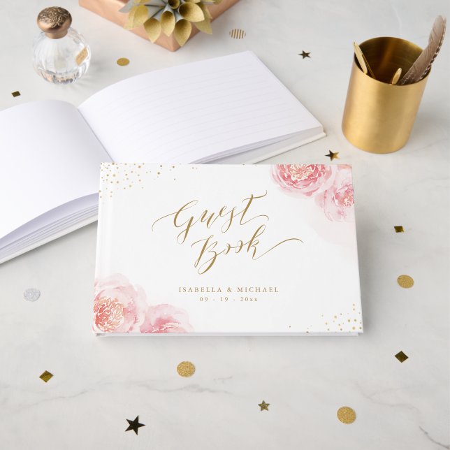 Elegant calligraphy gold & blush floral wedding guest book (Front Open)