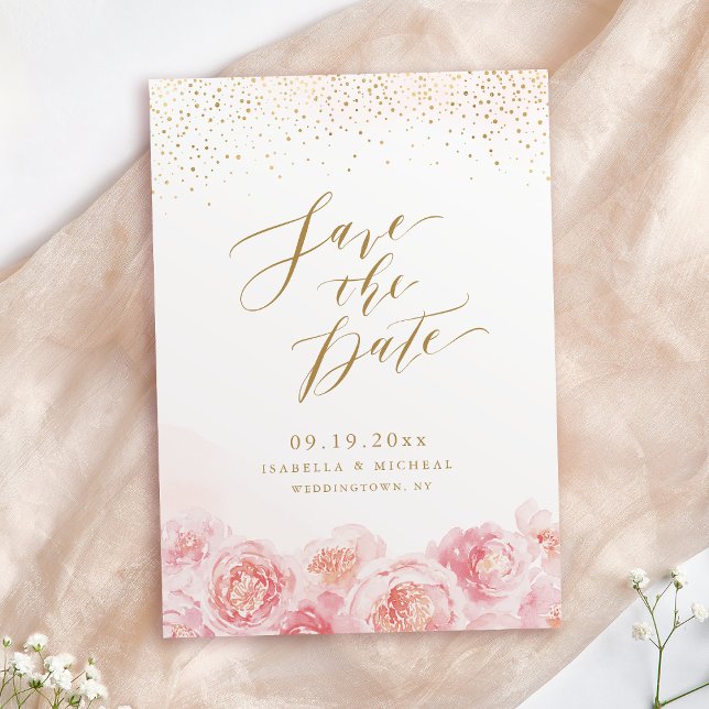 Elegant calligraphy gold & blush floral wedding save the date (Elegant calligraphy gold & blush floral wedding save the date)