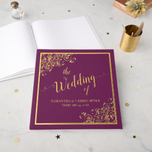 Elegant Calligraphy Gold Foil on Magenta Wedding Guest Book