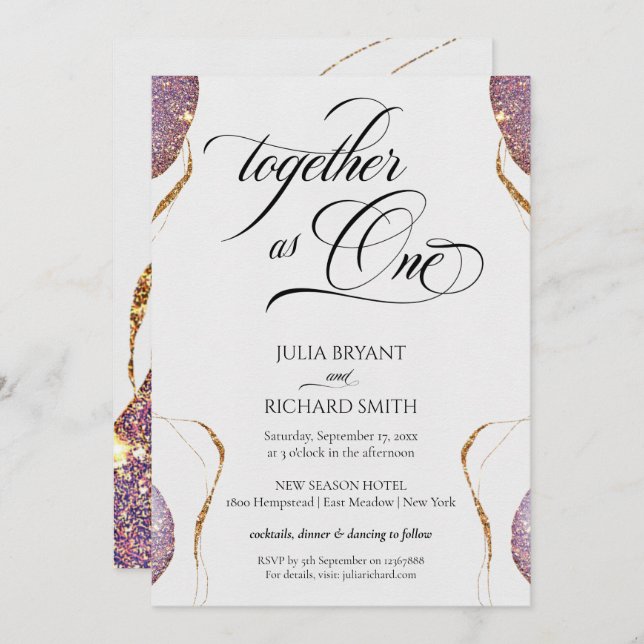 Elegant Calligraphy Gold Glitter Amethyst Modern I Invitation (Front/Back)