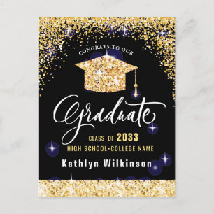 Elegant Calligraphy Gold Glitter Graduation Announcement Postcard