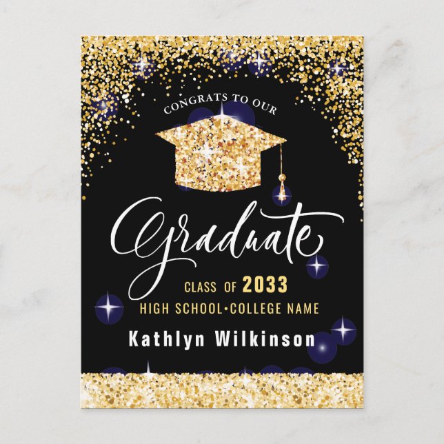 Elegant Calligraphy Gold Glitter Graduation Announcement Postcard (Front)