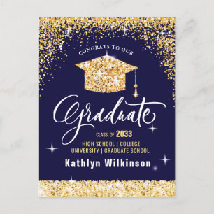Elegant Calligraphy Gold Glitter Graduation Announcement Postcard