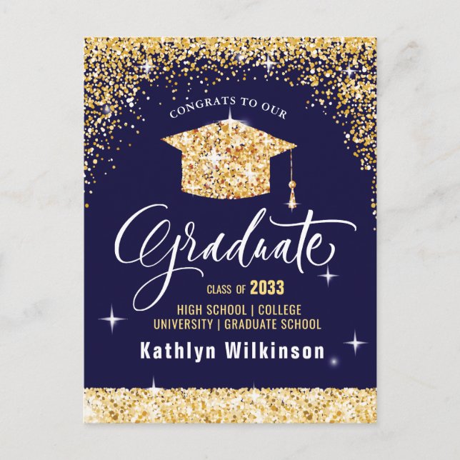 Elegant Calligraphy Gold Glitter Graduation Announcement Postcard (Front)