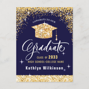 Elegant Calligraphy Gold Glitter Graduation Announcement Postcard