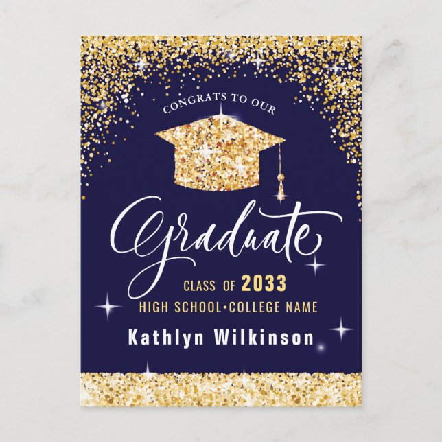 Elegant Calligraphy Gold Glitter Graduation Announcement Postcard (Front)