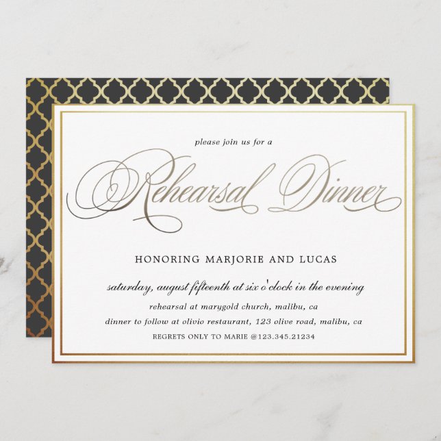 elegant calligraphy gold Rehearsal Dinner Invitation (Front/Back)