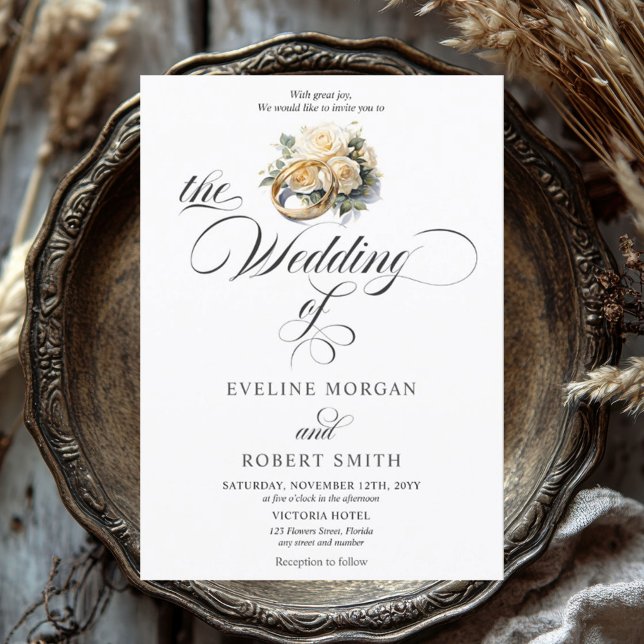 Elegant calligraphy gold rings and roses wedding invitation (Watercolor gold wedding rings with flowers modern script wedding invitation)