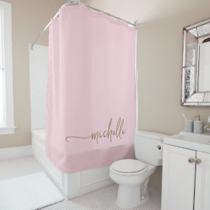 Elegant Calligraphy Gold Script Monogram Blush Shower Curtain