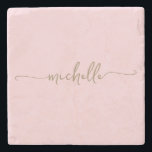 Elegant Calligraphy Gold Script Monogram Name  Stone Coaster<br><div class="desc">Elegant Chic Modern Gold Monogram Name Signature Script Custom Personalised Stone Coaster. This design featuring custom name in a cursive hand lettered swash tail font calligraphy (or typography) in gold on blush pink or baby pink colour background. These are easy to customise it. Great stylish feminine housewarming gift, wedding, also...</div>