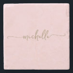 Elegant Calligraphy Gold Script Monogram Name  Stone Coaster<br><div class="desc">Elegant Chic Modern Gold Monogram Name Signature Script Custom Personalised Stone Coaster. This design featuring custom name in a cursive hand lettered swash tail font calligraphy (or typography) in gold on blush pink or baby pink colour background. These are easy to customise it. Great stylish feminine housewarming gift, wedding, also...</div>