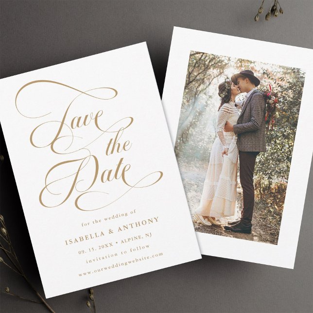 Elegant Calligraphy Gold Wedding Photo Save The Date (Front & Back)