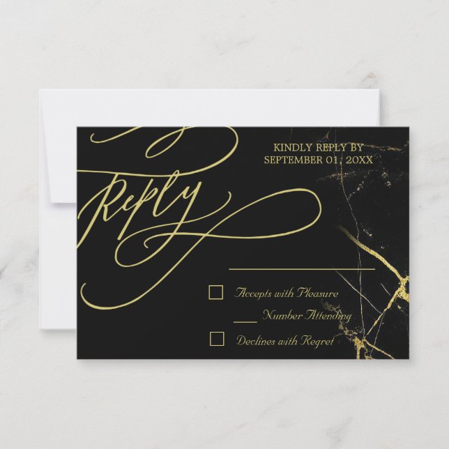 Elegant Calligraphy Golden Veined Marble Wedding RSVP Card (Front)