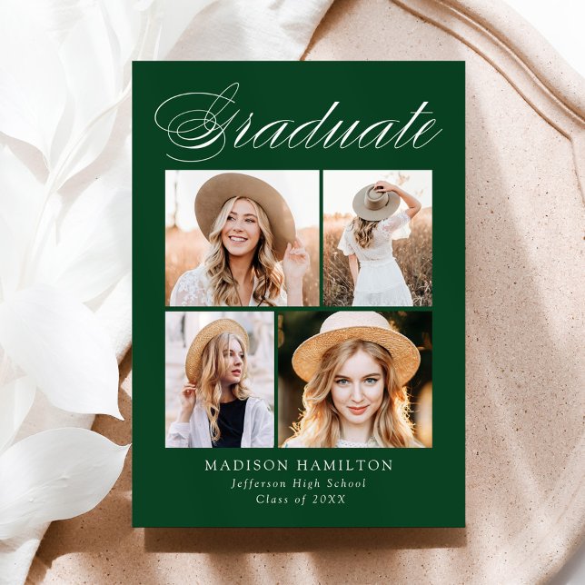 Elegant Calligraphy Green 4 Photo Graduation Announcement (Creator Uploaded)