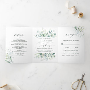 Elegant Calligraphy Green Foliage Wedding Tri-Fold Invitation