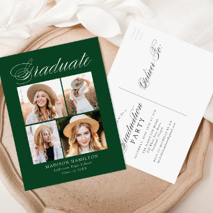 Elegant Calligraphy Green Photo Graduation Party Invitation Postcard