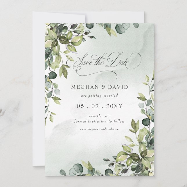 Elegant Calligraphy Greenery Eucalyptus Save The Date (Front)