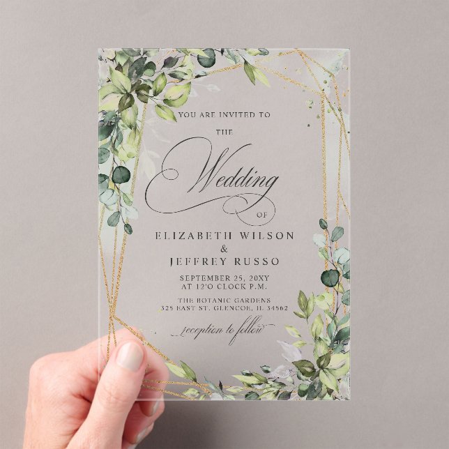 Elegant Calligraphy Greenery Eucalyptus Wedding Acrylic Invitations (Insitu (Handheld))