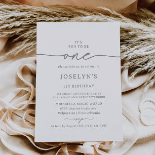 Elegant Calligraphy Grey Chic 1st Birthday Party Invitation