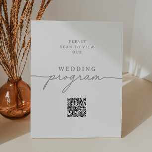 Elegant Calligraphy Grey QR Code Wedding Program Pedestal Sign