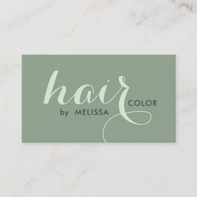 Elegant Calligraphy Hair Colour On Sage Green Business Card (Front)