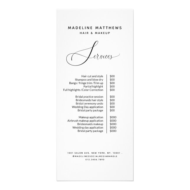 Elegant Calligraphy Hair Salon Price List Service Rack Card (Front)