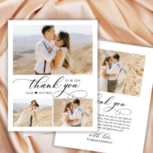 Elegant Calligraphy Heart 3 Photo Collage Wedding Thank You Card