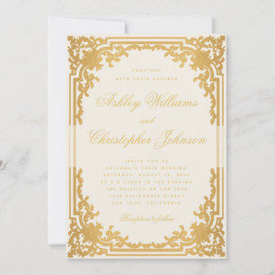 Elegant Calligraphy Ivory and Gold Vintage Wedding Invitation