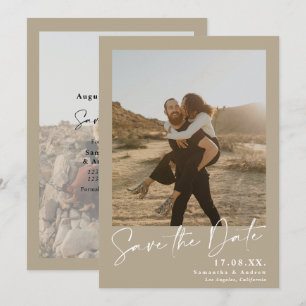 Elegant calligraphy khaki 2 photos save the date