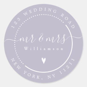 Elegant Calligraphy Lavender Mr. and Mrs. Address Classic Round Sticker