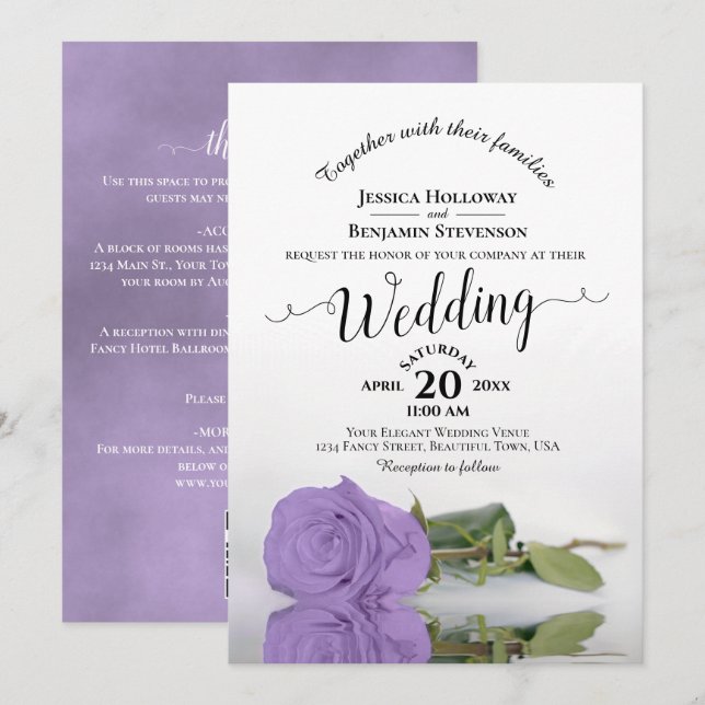 Elegant Calligraphy Lavender Rose QR Code Wedding Invitation (Front/Back)