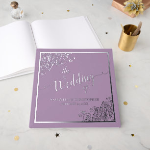 Elegant Calligraphy Lavender & Silver Foil Wedding Guest Book