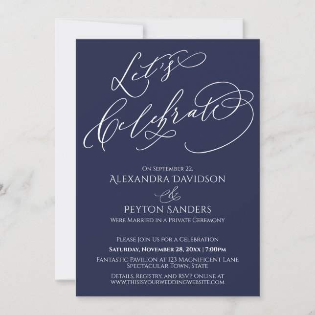 Elegant Calligraphy Let's Celebrate Navy Blue Invitation (Front)